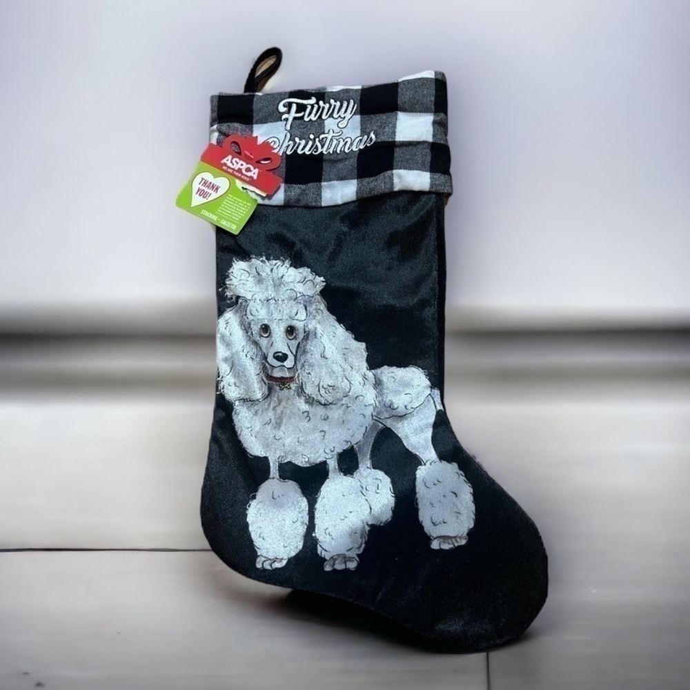 ASPCA Poodle Christmas Stocking Black Buffalo Plaid NEW